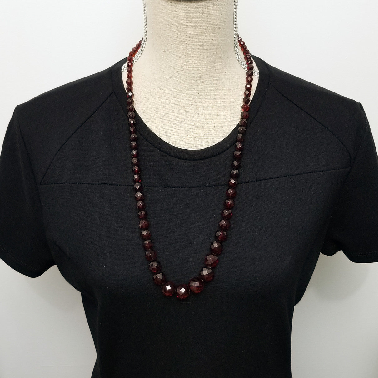 Red Cherry Amber Bakelite 28.5" Faceted Graduated Bead Necklace