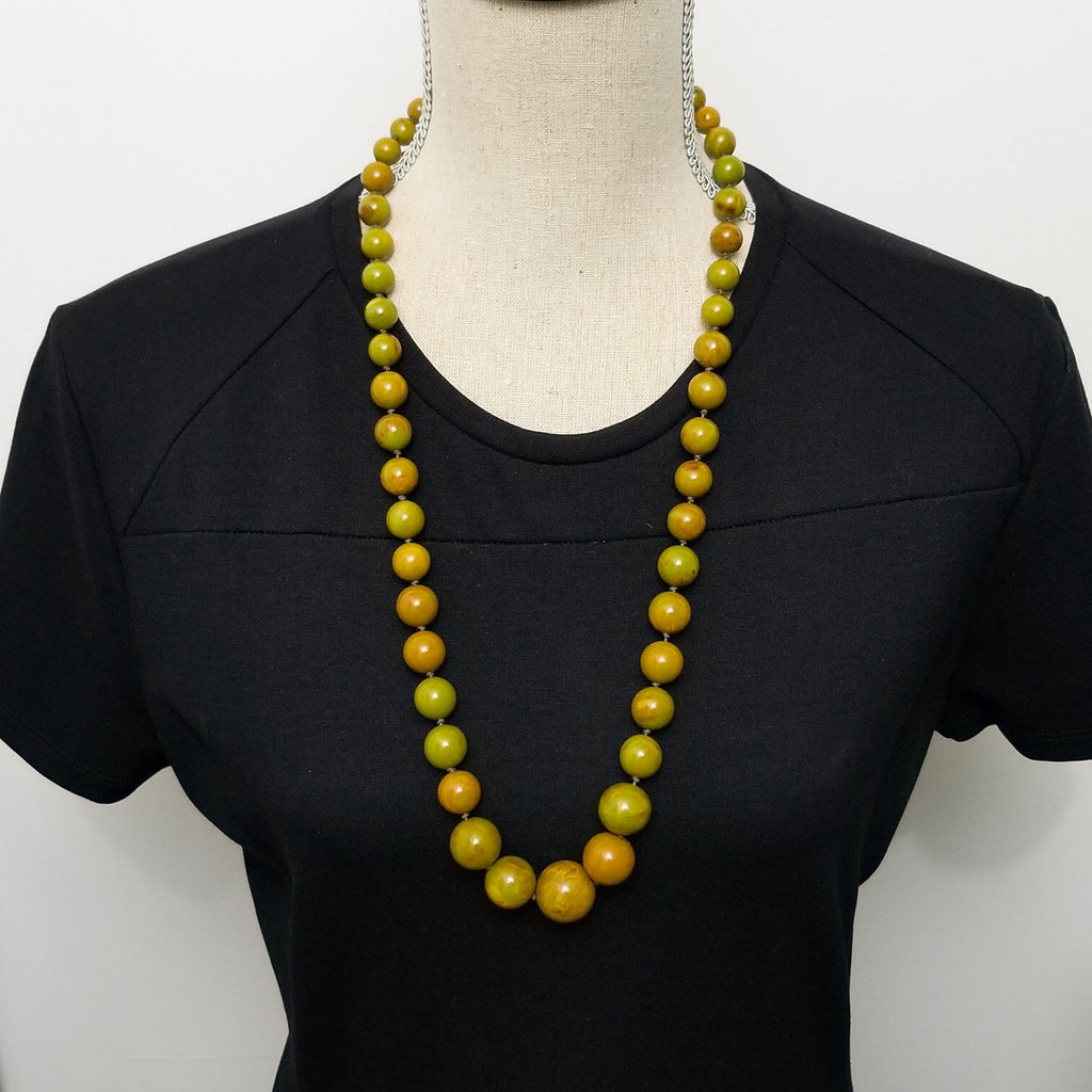 Apple Green Marbled Bakelite 29" Graduated Bead Necklace