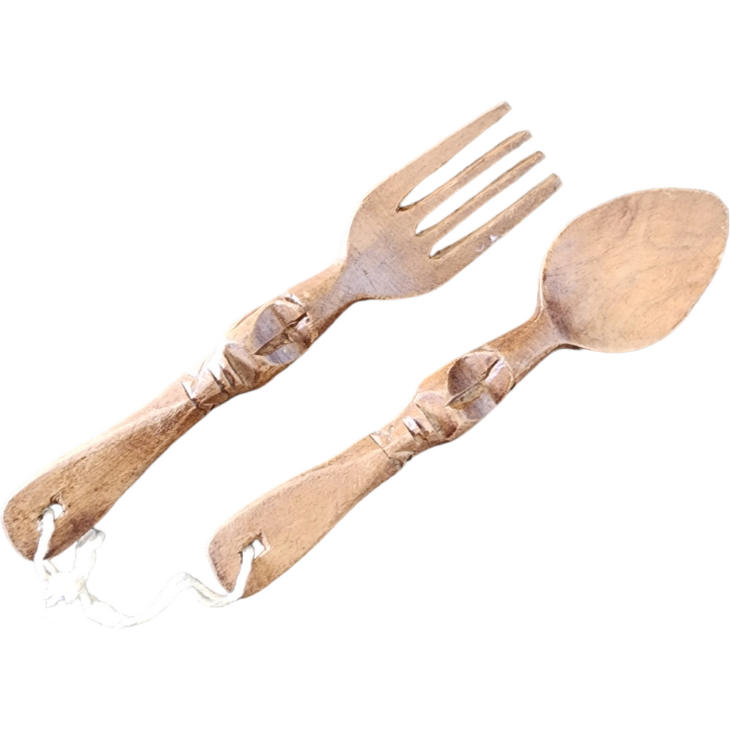 5" Primitive Tribal Carved Wood Fork and Spoon