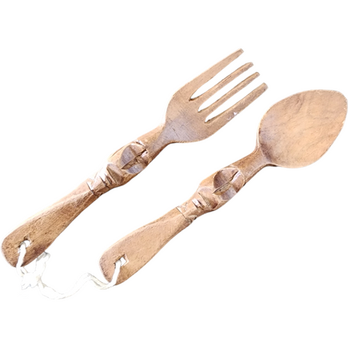 5" Primitive Tribal Carved Wood Fork and Spoon