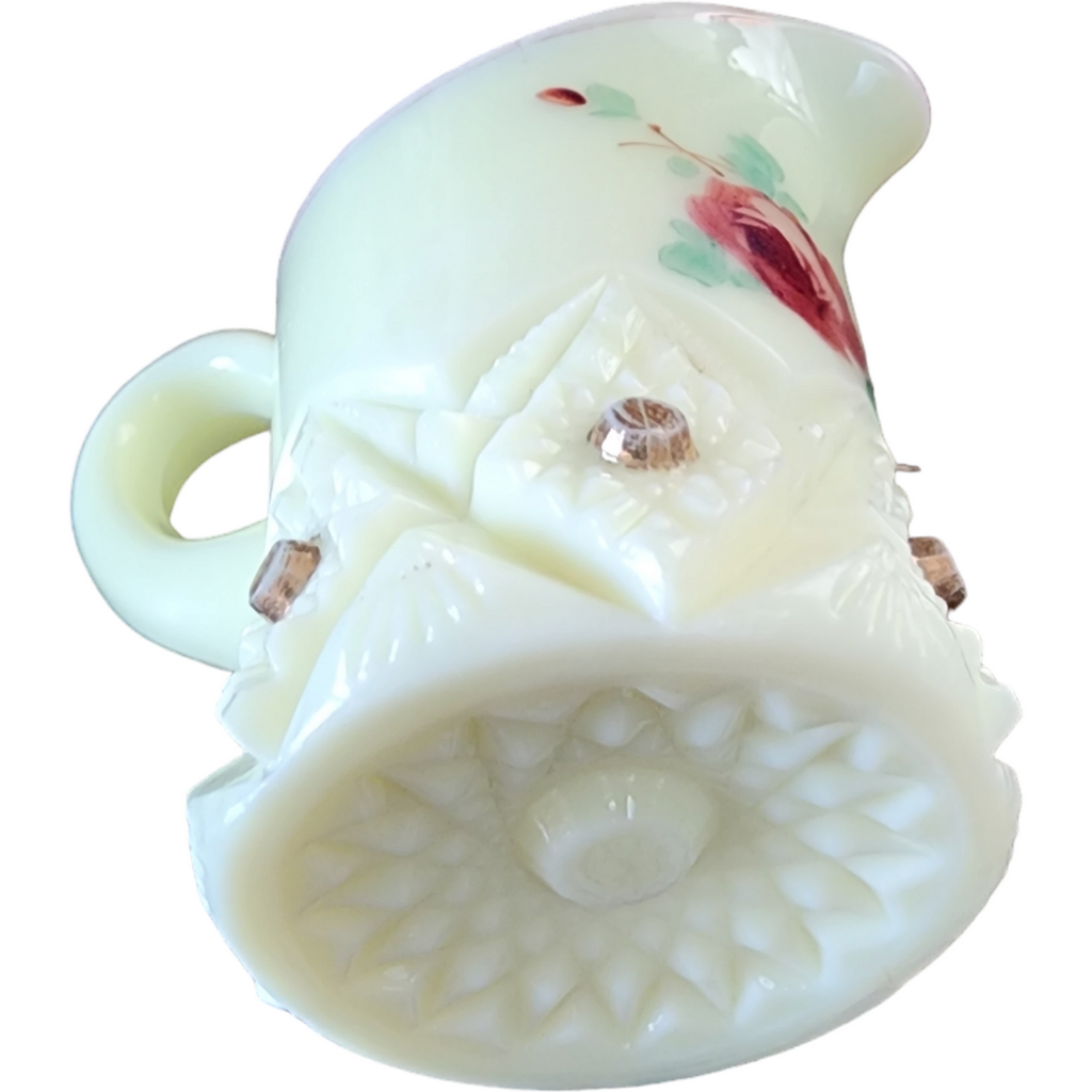 Heisey Rose Floral Uranium Glass UV Glows Yellow Milk Glass Miniature Pitcher