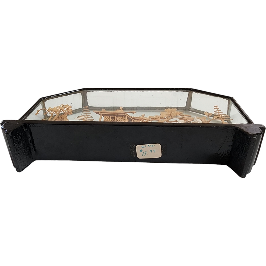 San You Chinese Cork Carving Diorama Black Glazed Frame Display