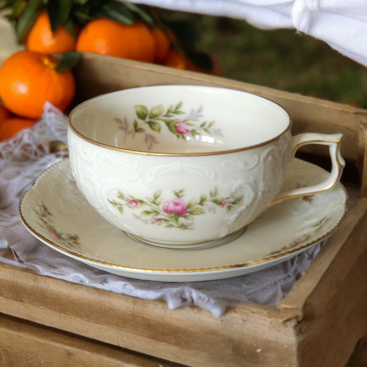 Rosenthal Continental Sanssouci Rose Ivory Gold Trim Flat Cup & Saucer Set