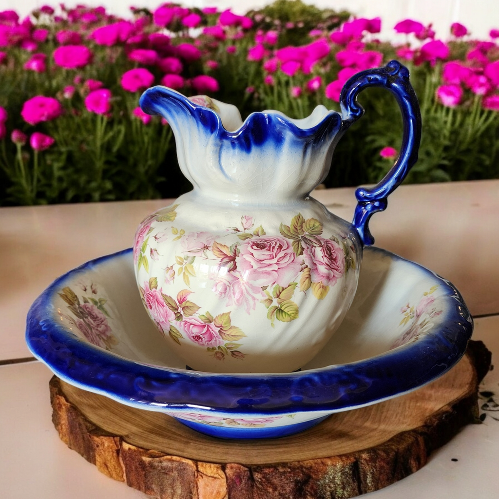 Victorian Cobalt White Floral Porcelain Wash Stand Set Pitcher & Bowl
