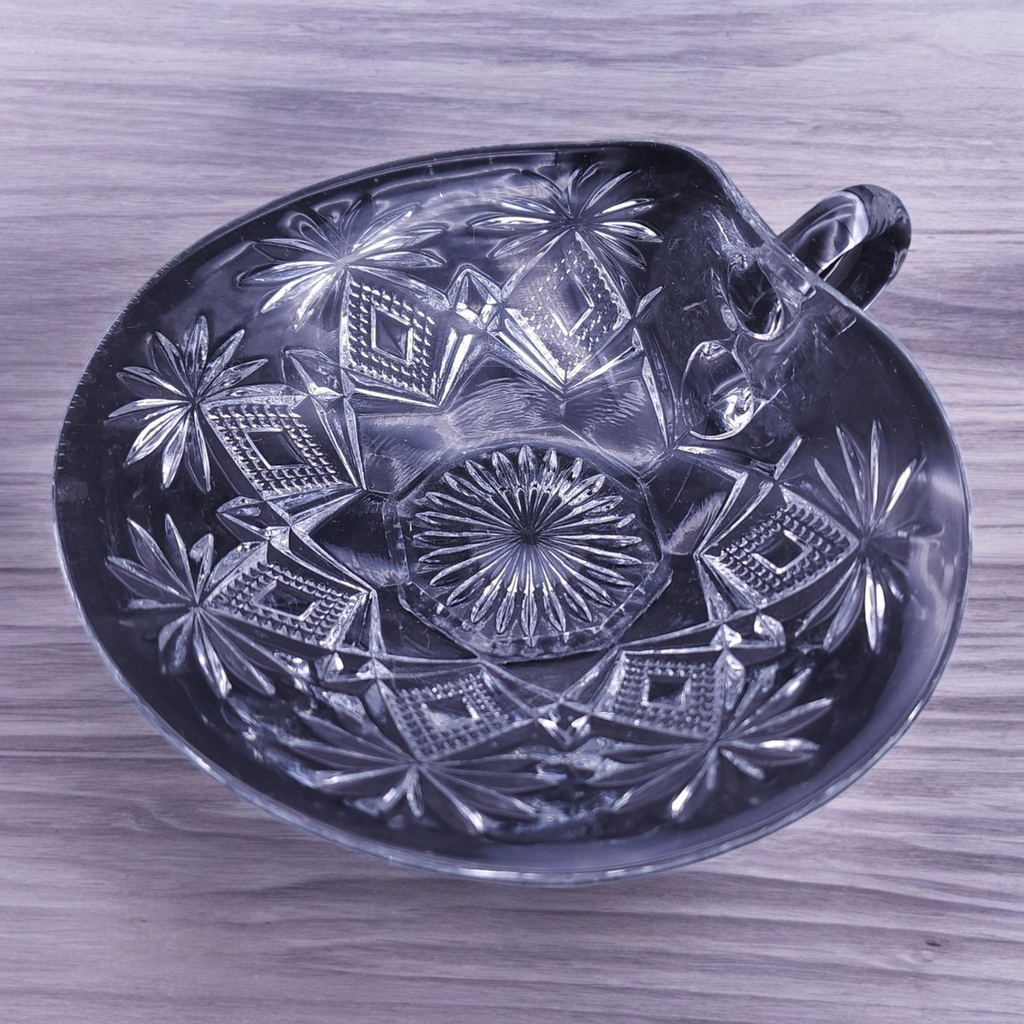 US Glass Shoshone Clear Pressed Glass Star & Fan Dish with Handle Nappy