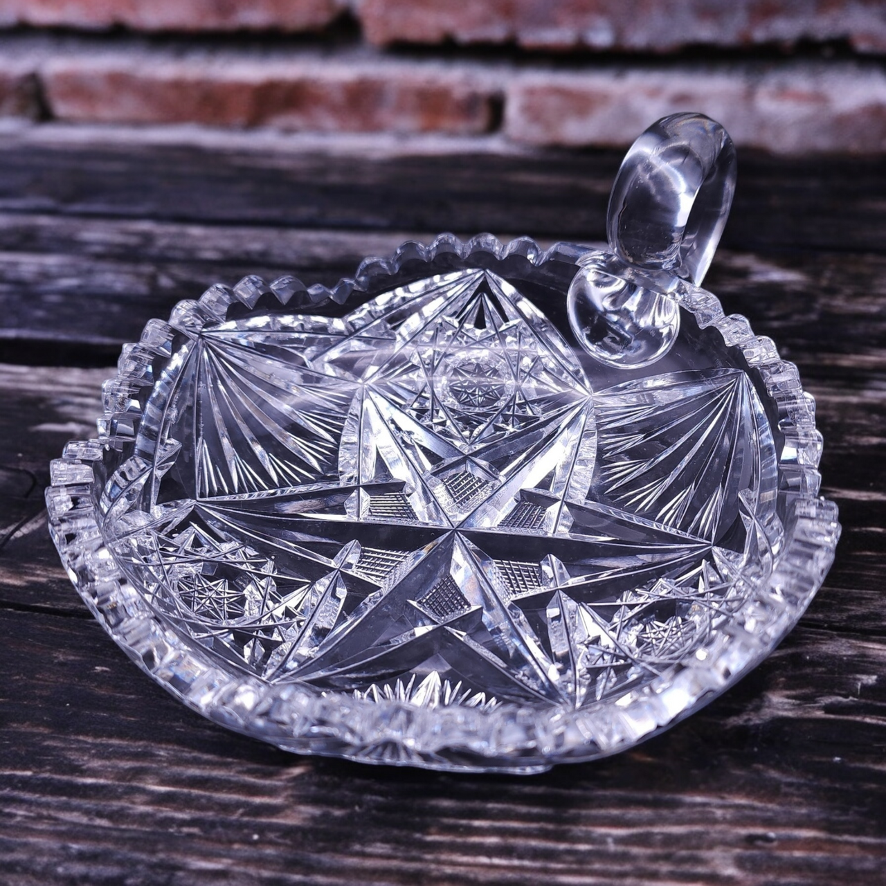Antique Cut Glass Nappy American Brilliant Period Dish with Handle
