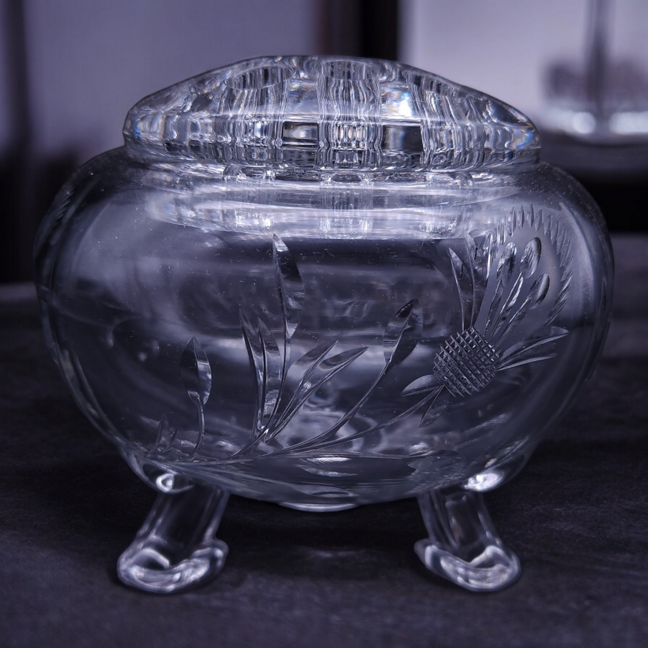 La Flo Thistle Cut Crystal Three Toed Rose Bowl with Flower Block