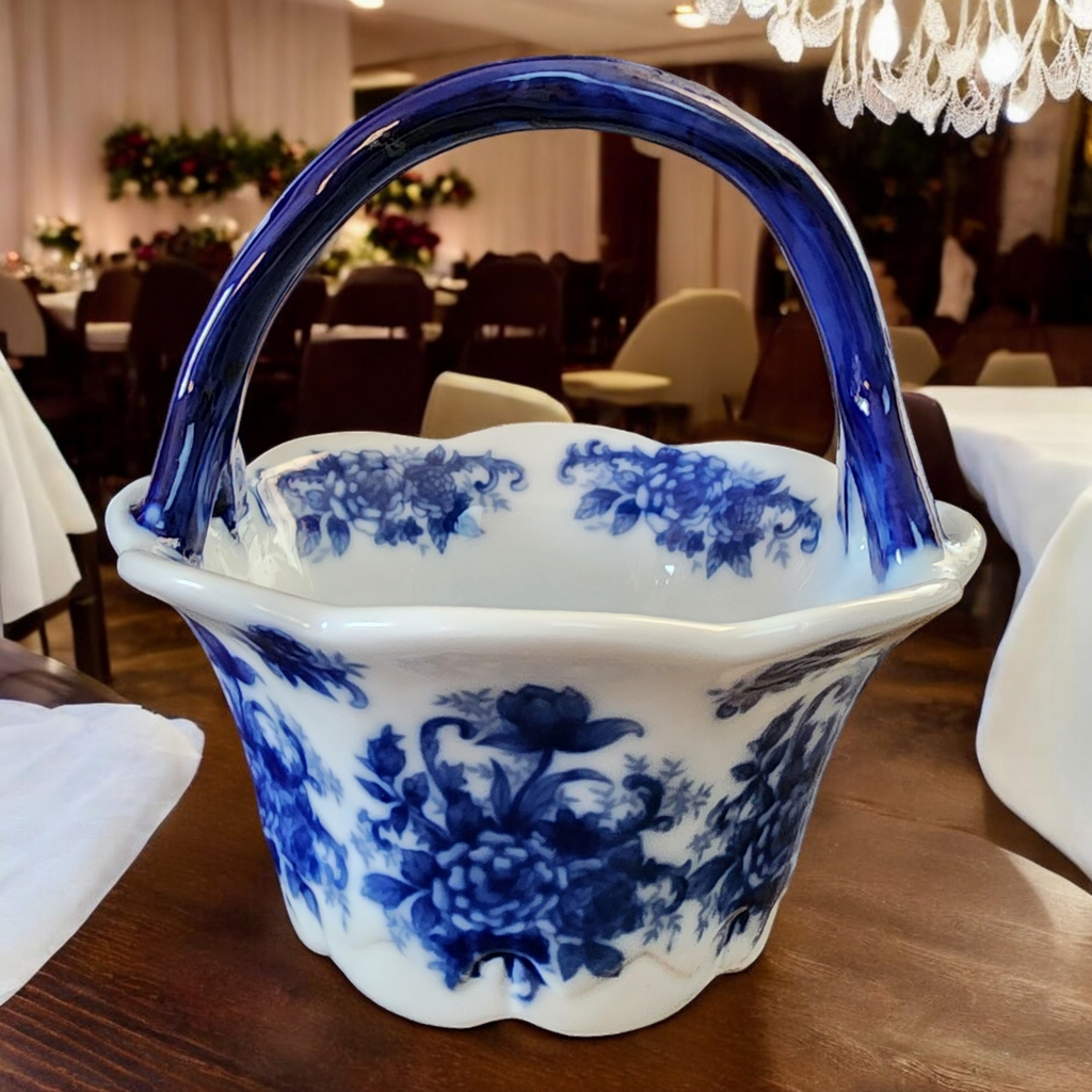 6" Cracker Barrel Blue And White Handled Basket