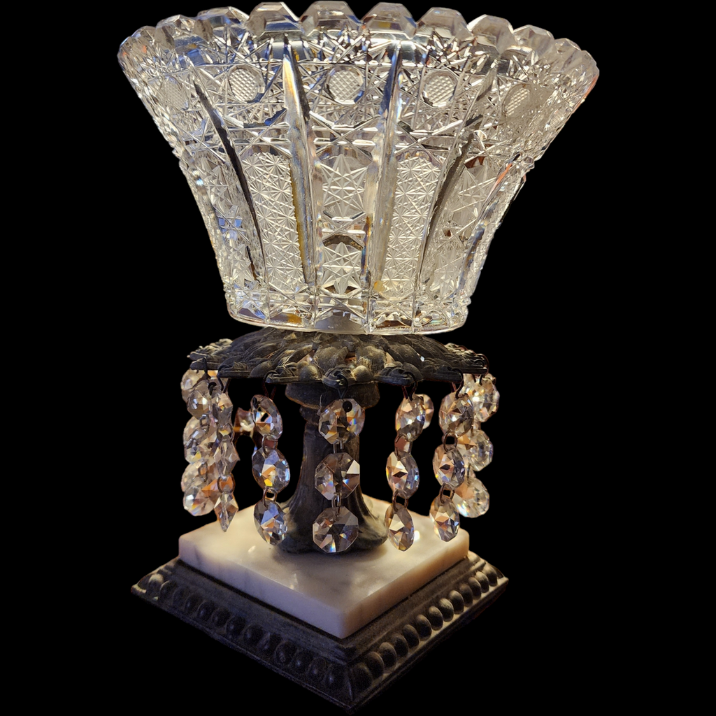 Pedestal Compote Dish with Teardrop Crystals and White Marble Bass, Brass Stand, Star Pattern