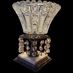 Pedestal Compote Dish with Teardrop Crystals and White Marble Bass, Brass Stand, Star Pattern