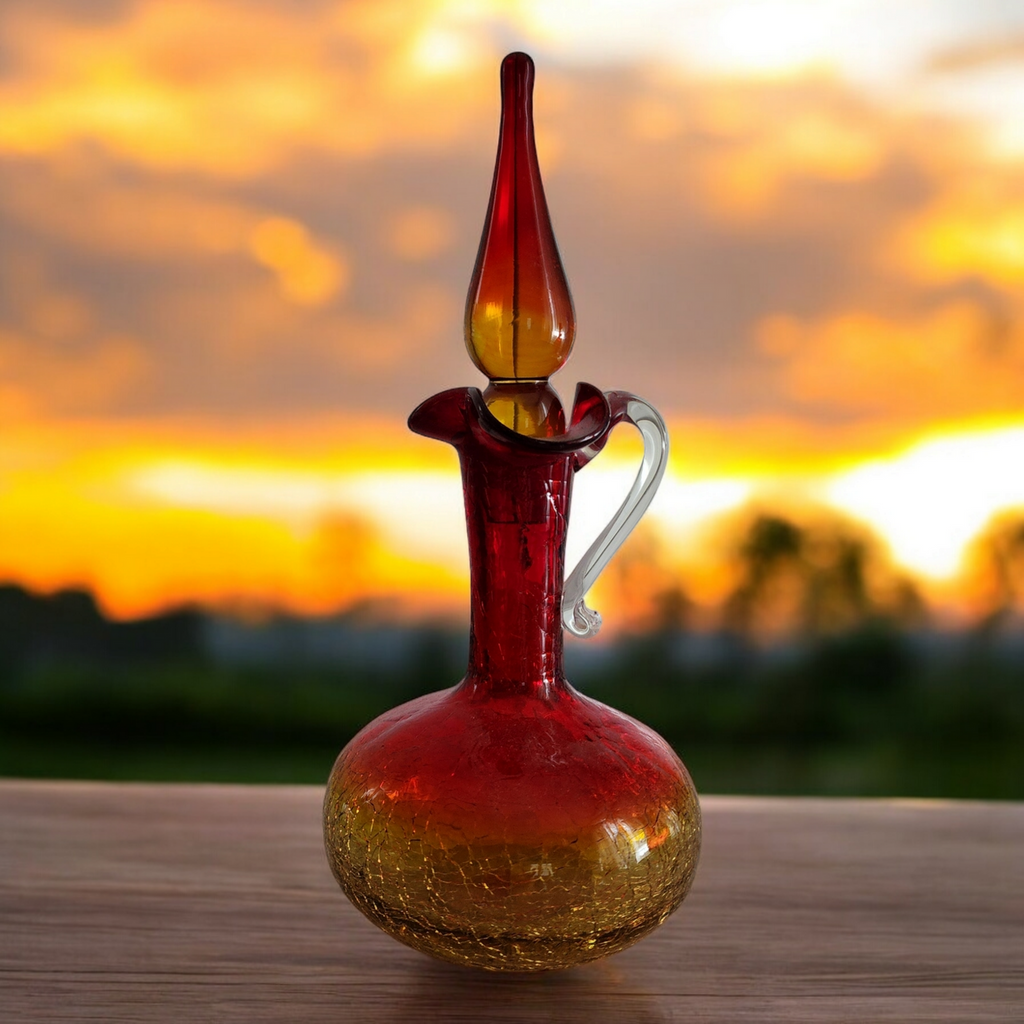 10" Williamsburg Co. Va Crackle Glass Handblown Amberina Creut Decanter