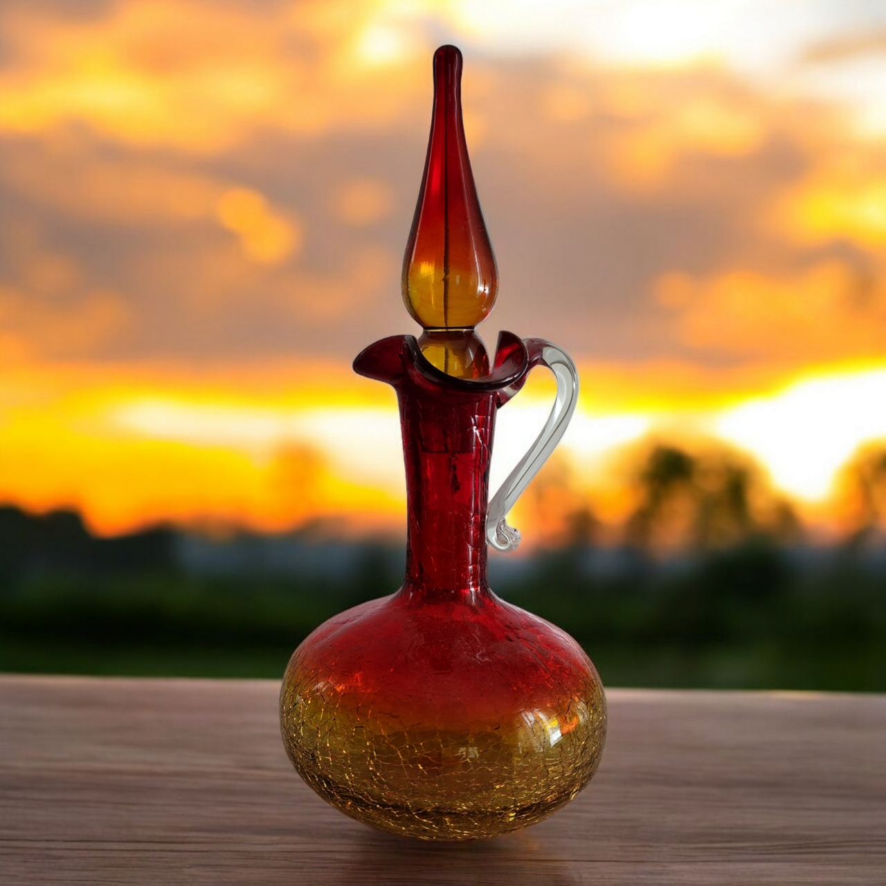 10" Williamsburg Co. Va Crackle Glass Handblown Amberina Creut Decanter
