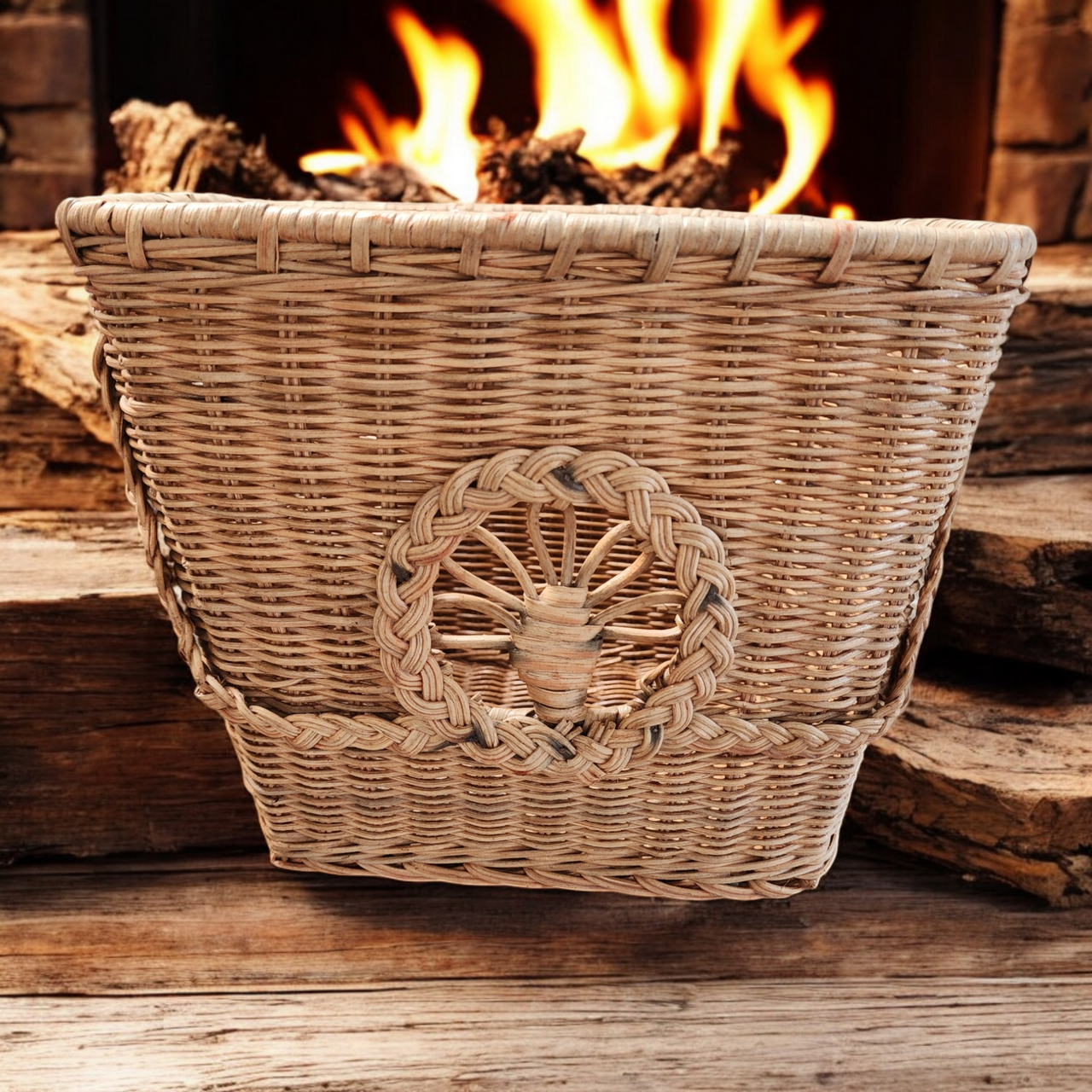 Handcrafted Woven Wicker Basket with Decorative Design