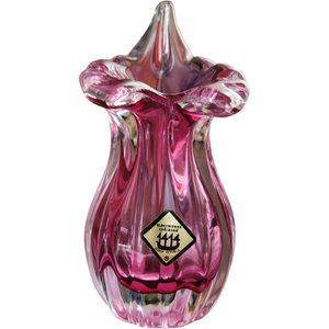 5" Chribska Glassworks Bohemian Art Glass Cranberry Optic Bud Vase