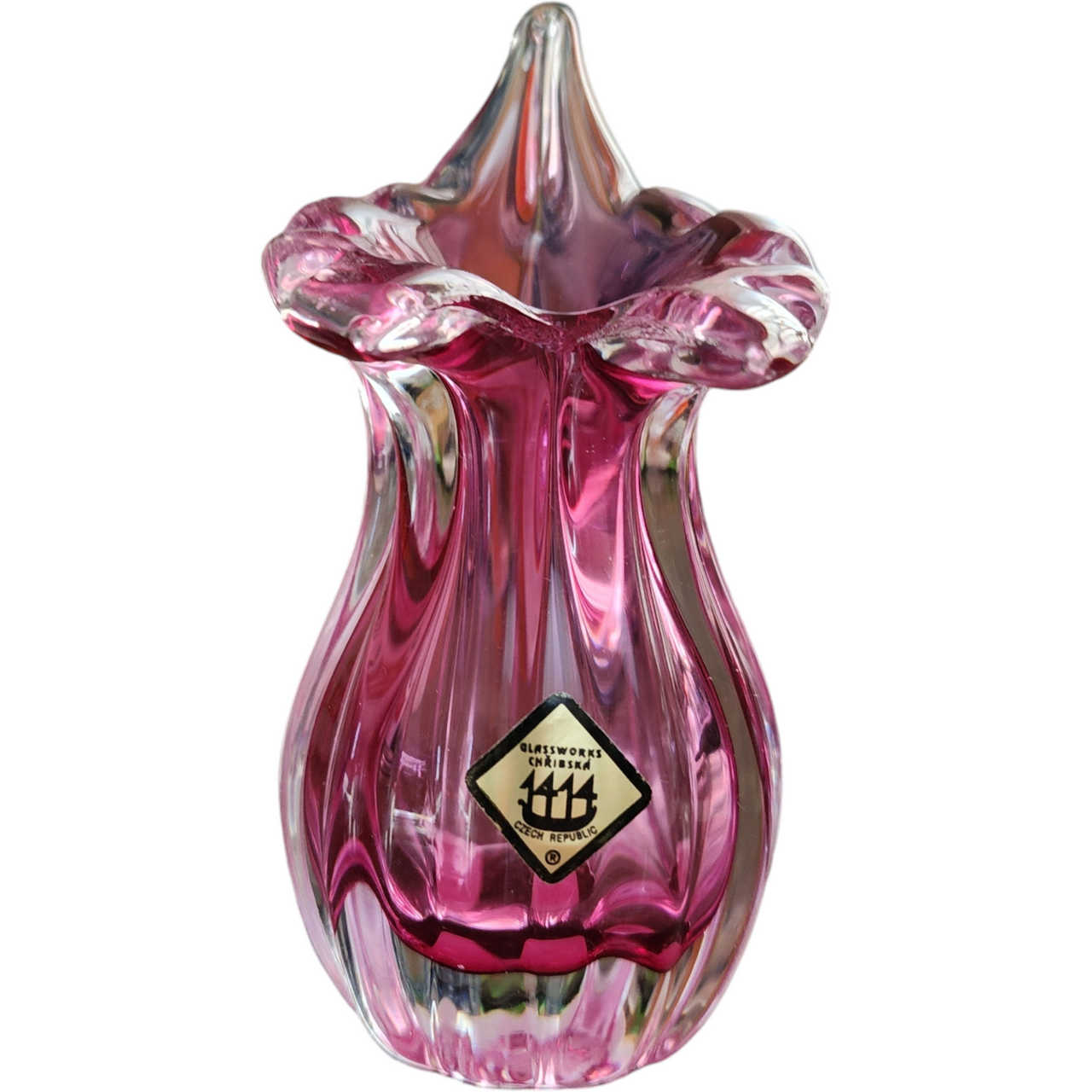 5" Chribska Glassworks Bohemian Art Glass Cranberry Optic Bud Vase