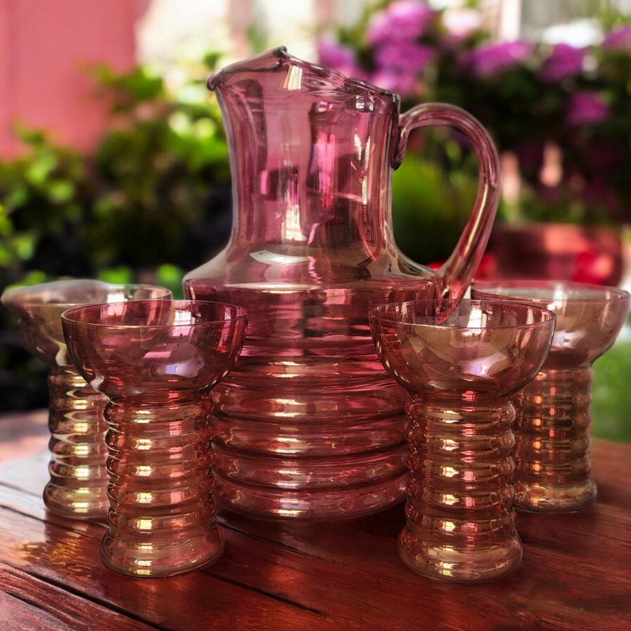 Dunbar Ring Pink Iridescent Flashed Optic Glassware Set