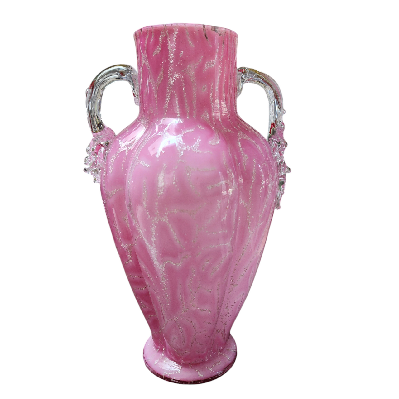 Antique English Pink Spangle Glass Vase with Clear Handles and Mica Flakes Detailing