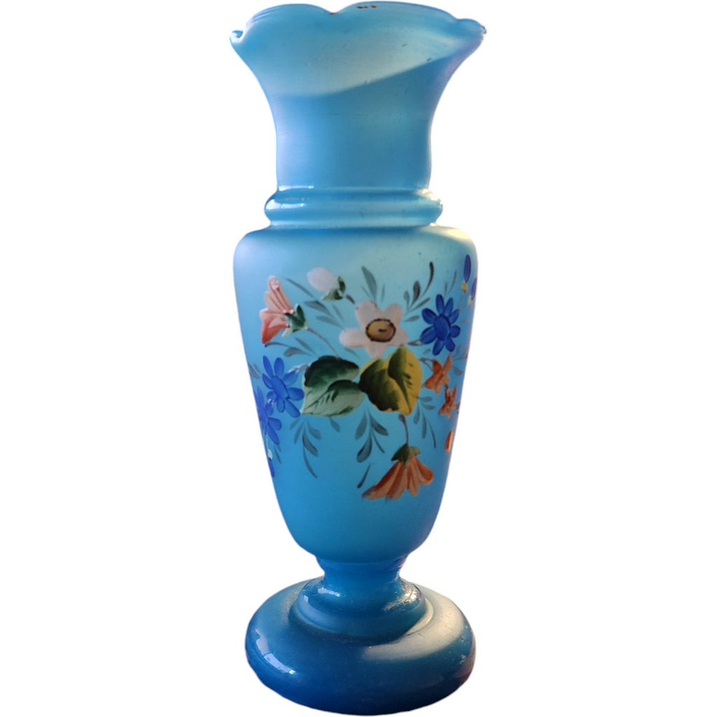 7" Victorian Pontil Mark Bristol Hand Painted Botanical Motifs Vase