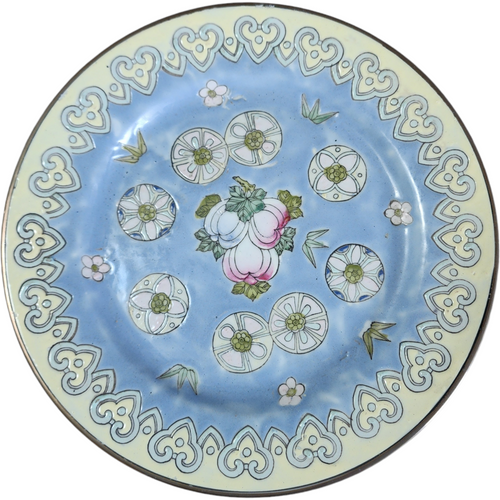 Vintage Japanese Decorative Plate Blue Cloisonné Motif with Peaches & Floral Ornaments Macau Export