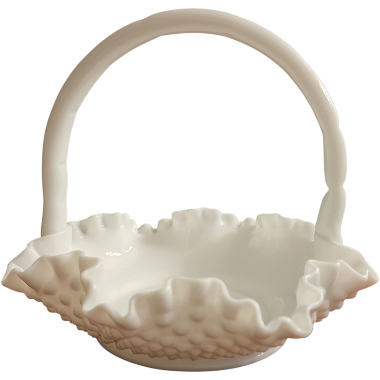 Vintage Fenton Wave Hobnail  Milk Glass Basket Ruffled Edge & Handle 6 Inch