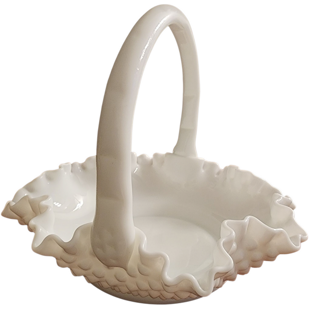 Vintage Fenton Wave Hobnail  Milk Glass Basket Ruffled Edge & Handle 6 Inch