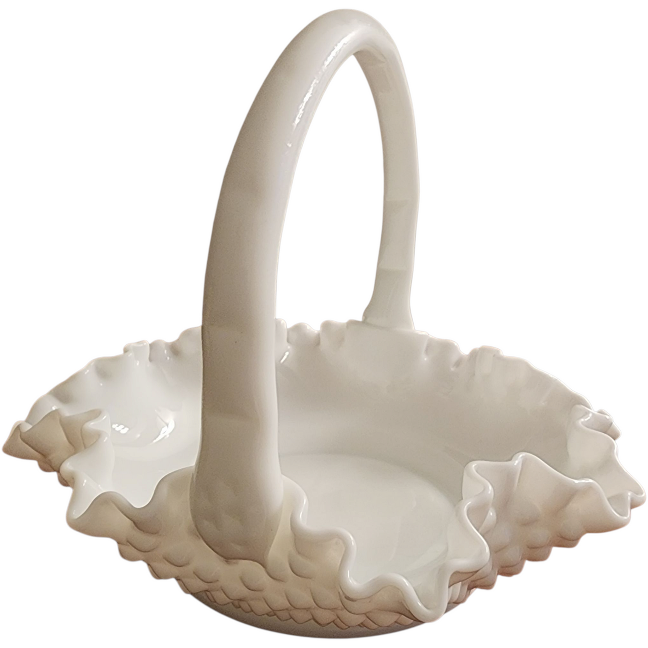 Vintage Fenton Wave Hobnail  Milk Glass Basket Ruffled Edge & Handle 6 Inch