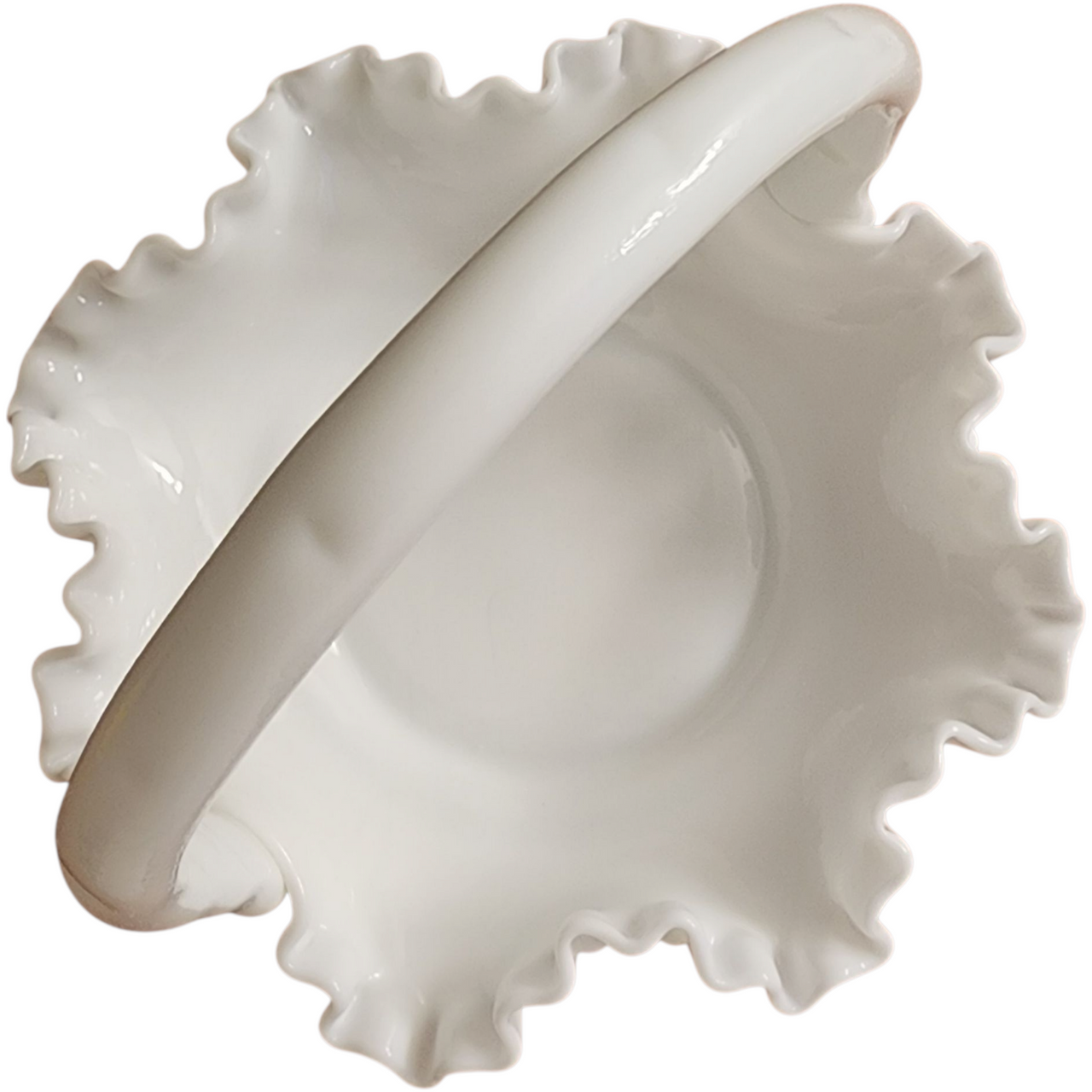 Vintage Fenton Wave Hobnail  Milk Glass Basket Ruffled Edge & Handle 6 Inch