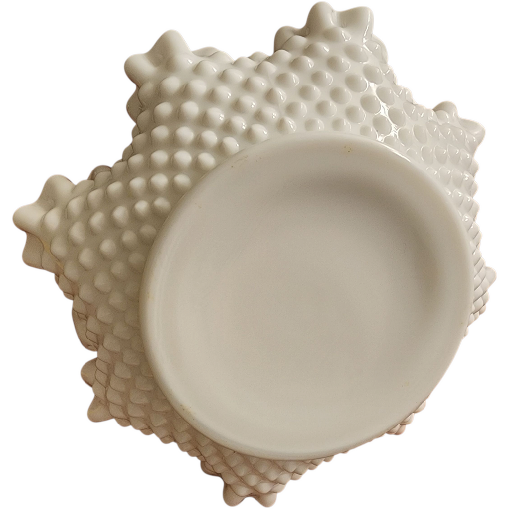 Vintage Fenton Wave Hobnail  Milk Glass Basket Ruffled Edge & Handle 6 Inch