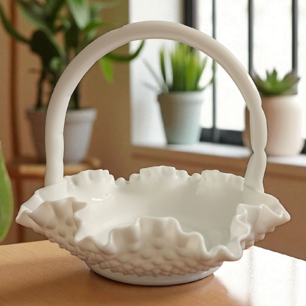 Vintage Fenton Wave Hobnail  Milk Glass Basket Ruffled Edge & Handle 6 Inch
