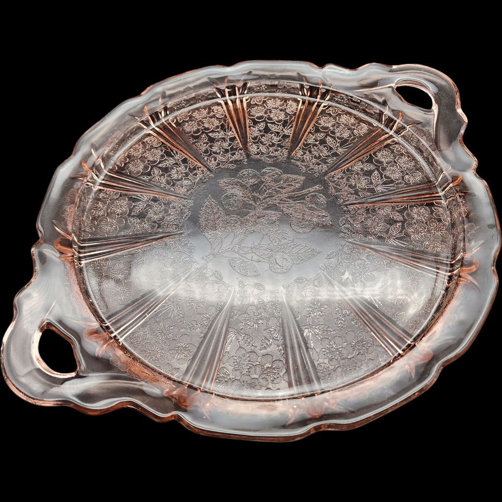 Jeannette Cherry Blossom Pink Depression Glass Handled Tray