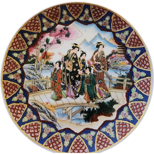 Vintage Japanese Satsuma Style Decorative Plate Hand-Painted Geisha Scenic Porcelain with Gold Gilt Japan Export c.1950s–70s
