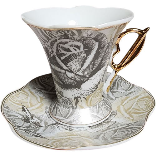 Vintage Porcelain Tea Cup & Saucer Se Silver & Gold Rose Pattern with Gilded Handle Collectible Decorative China