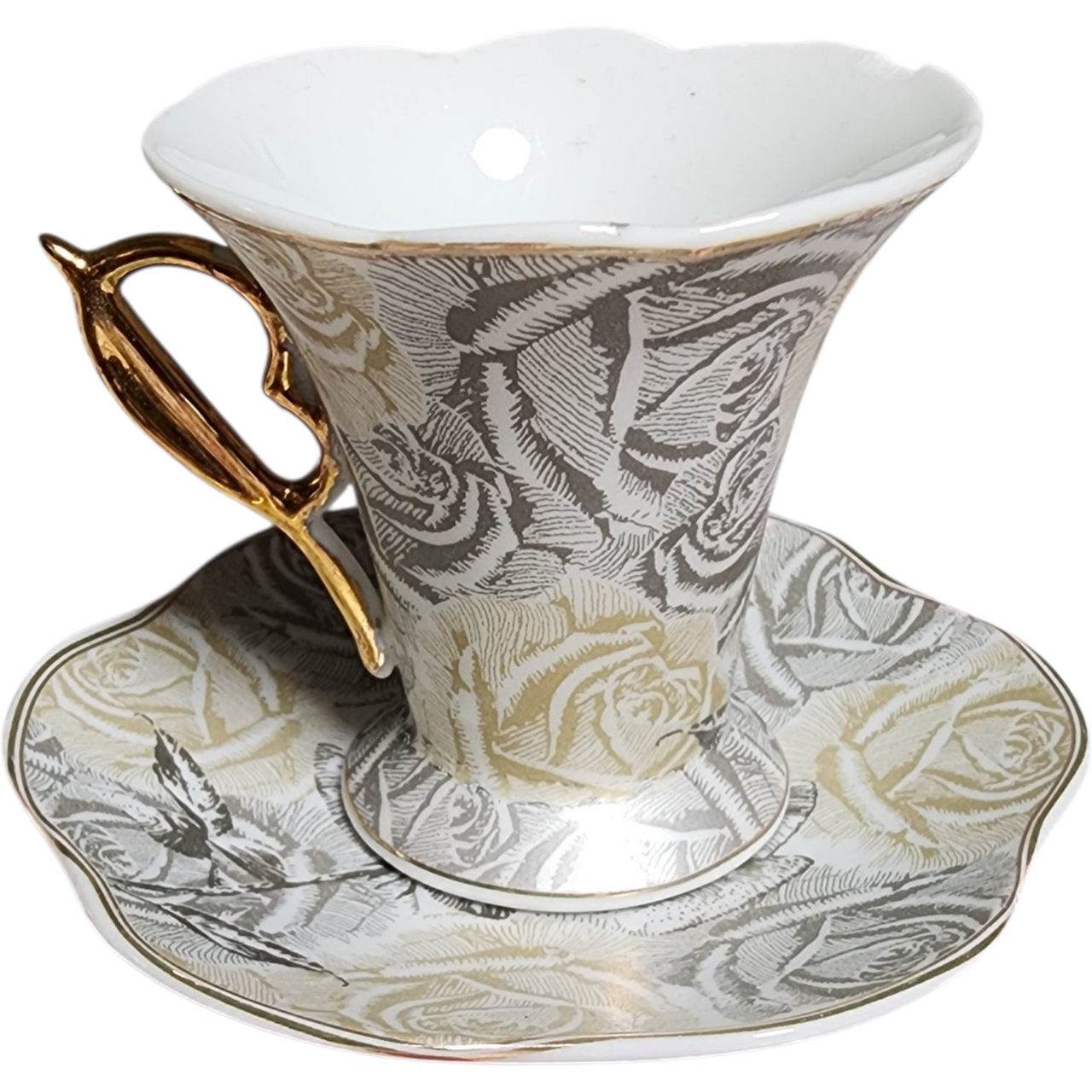 Vintage Porcelain Tea Cup & Saucer Se Silver & Gold Rose Pattern with Gilded Handle Collectible Decorative China