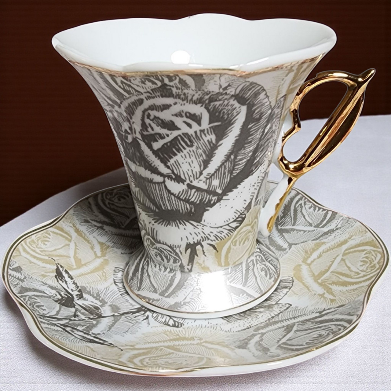 Vintage Porcelain Tea Cup & Saucer Se Silver & Gold Rose Pattern with Gilded Handle Collectible Decorative China