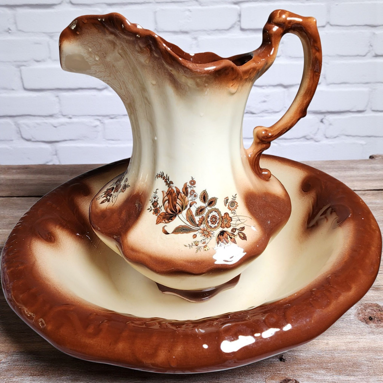 Vintage Brown & Cream Ceramic Pitcher and Wash Basin Bowl Set Floral Transferware Farmhouse Country Decor