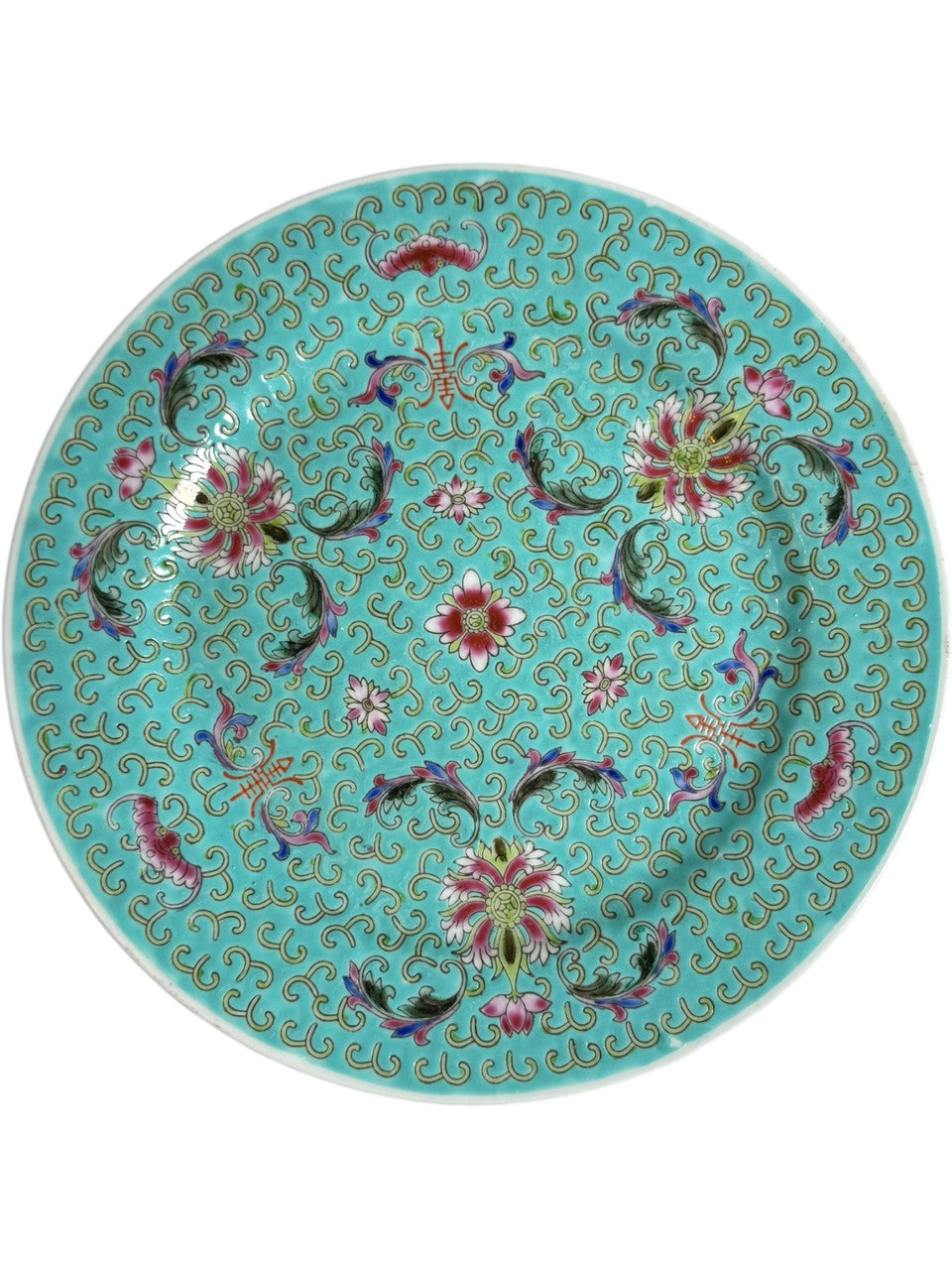 Vintage Chinese Turquoise Porcelain Plate Famille Rose Floral & Bat Design Hand Painted Export China
