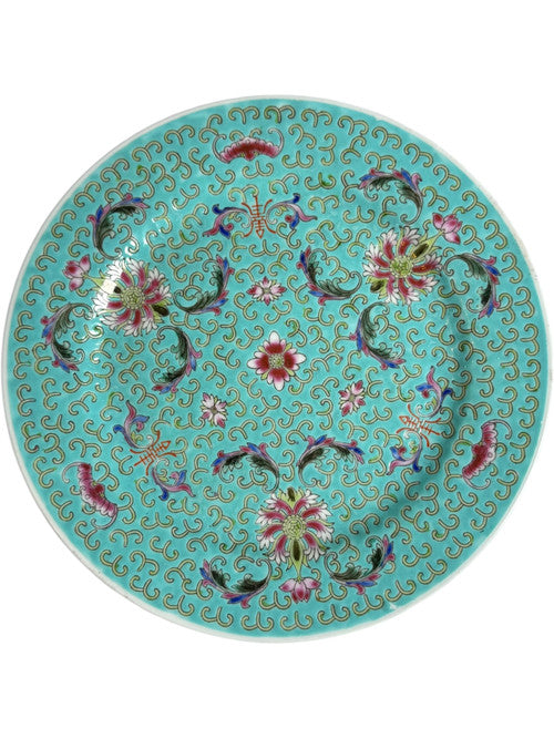 Vintage Chinese Turquoise Porcelain Plate Famille Rose Floral & Bat Design Hand Painted Export China