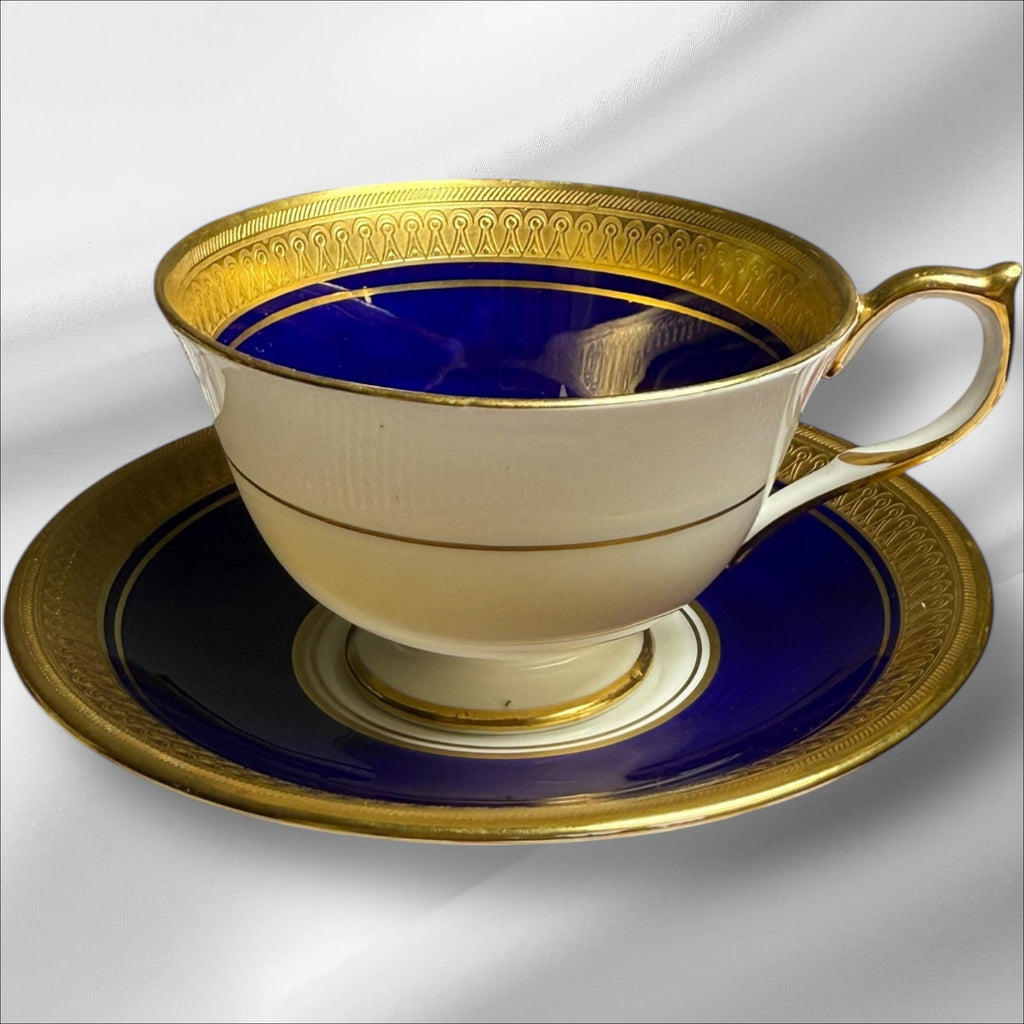 4"  Aynsley England Buckingham Cobalt Blue & Gold  Footed Cup & Saucer Set Bone China