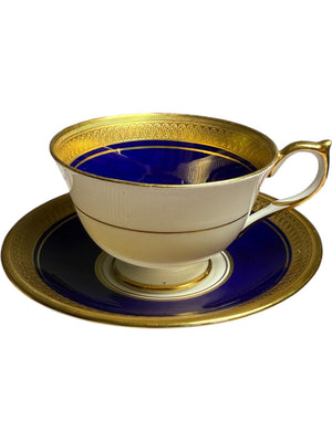 4"  Aynsley England Buckingham Cobalt Blue & Gold  Footed Cup & Saucer Set Bone China
