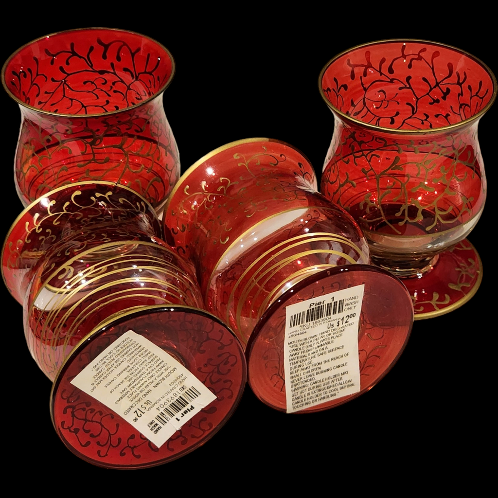Pier 1 Imports Ruby Red Glass Mouth Blown HAnd Decorated Filigree Design Votive Holder Lot of 4