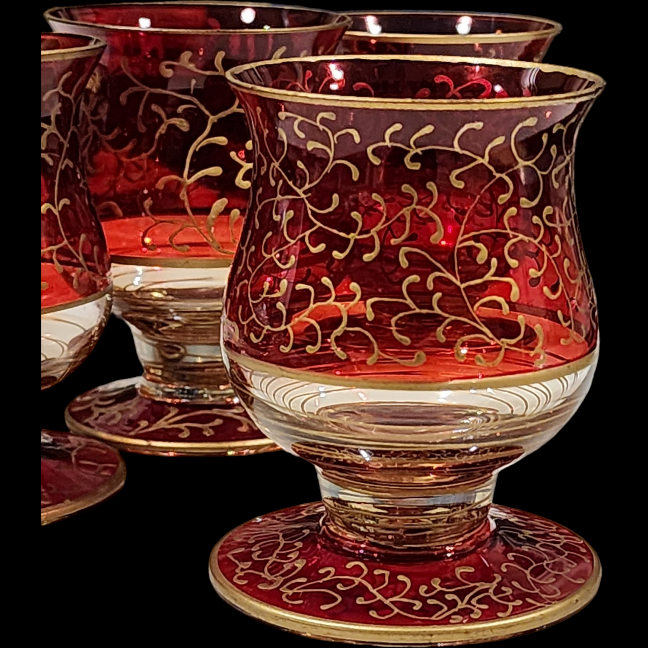 Pier 1 Imports Ruby Red Glass Mouth Blown HAnd Decorated Filigree Design Votive Holder Lot of 4