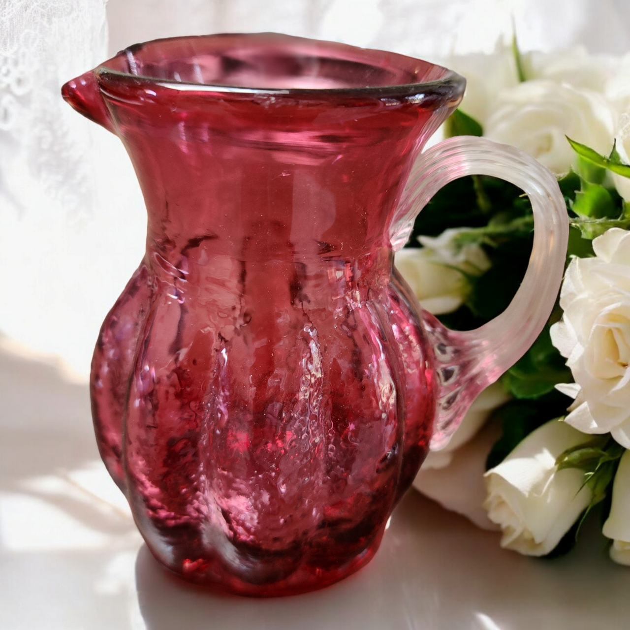 Pilgrim Glass Cranberry Optic 5 Oz Pitcher