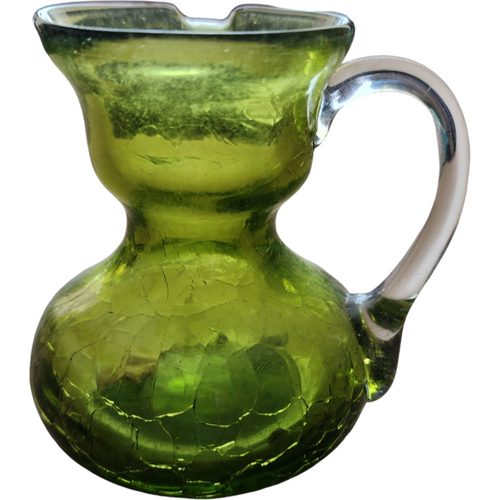 Pilgrim Glass Olive Crackled Blown Glass Miniature Pitcher