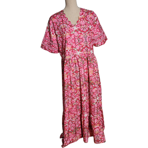 Pink Floral Boho House Dress with Scalloped Neckline & Crochet Trim  Cottagecore Maxi Lounge Dress
