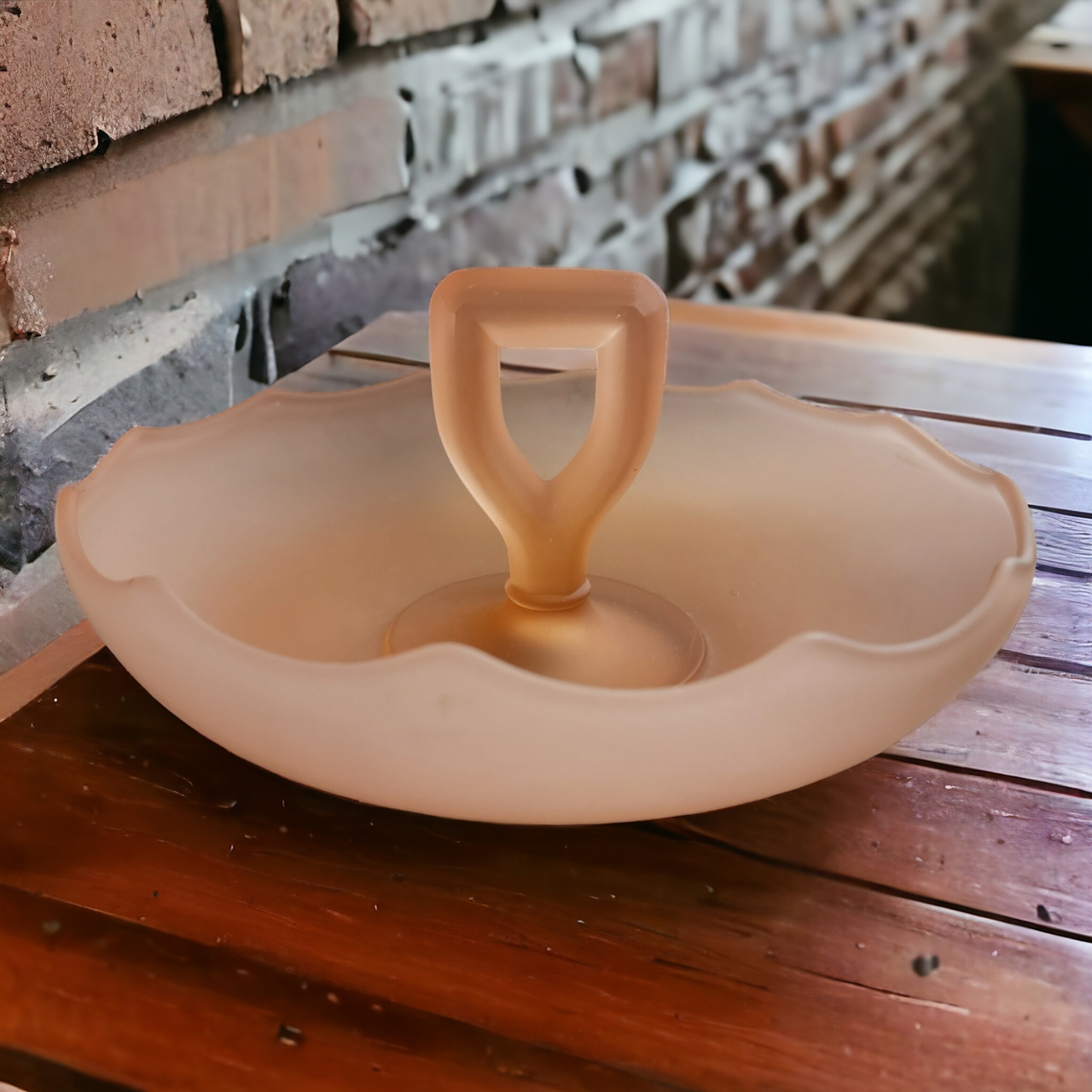 Pink Frosted Satin Depression Glass Center Handle Tidbit Tray Candy Dish Bowl