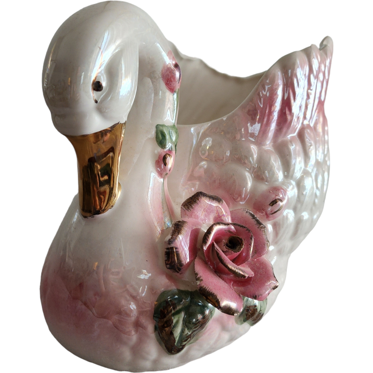 Pink Purple Gold White Lusterware Porcelain Swan Planter Vase Bowl