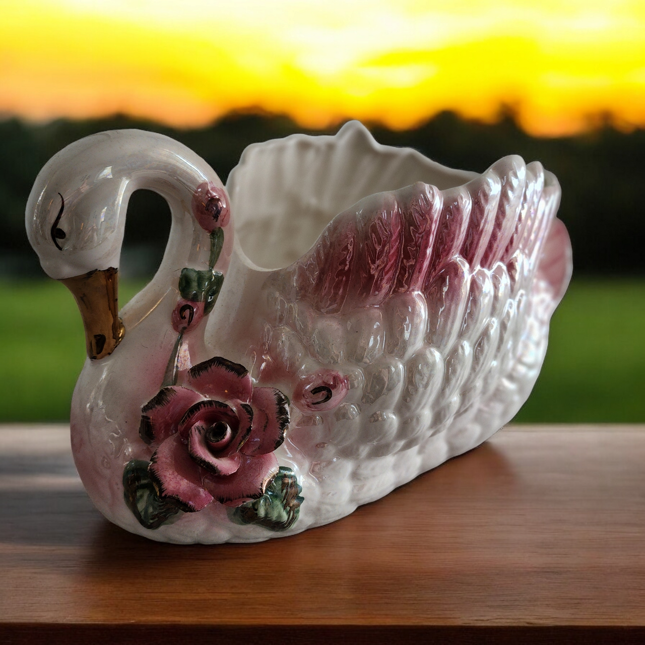 Pink Purple Gold White Lusterware Porcelain Swan Planter Vase Bowl