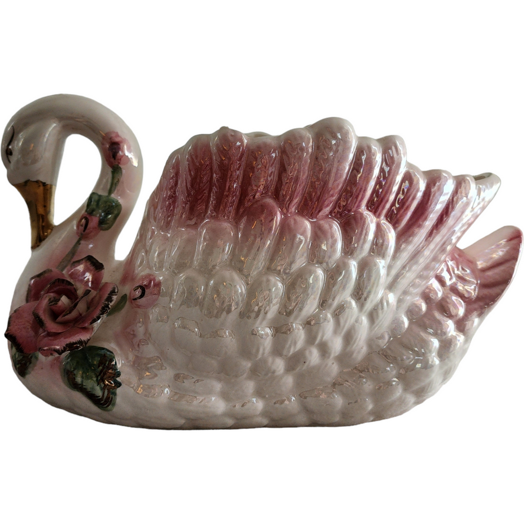 Pink Purple Gold White Lusterware Porcelain Swan Planter Vase Bowl