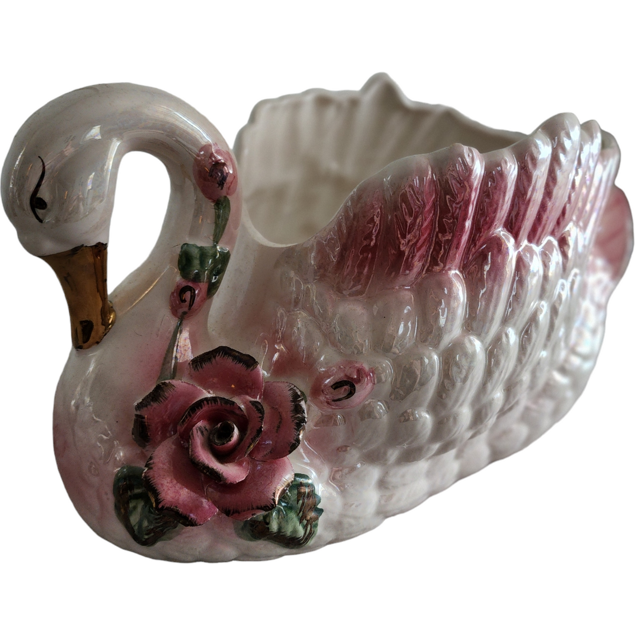 Pink Purple Gold White Lusterware Porcelain Swan Planter Vase Bowl