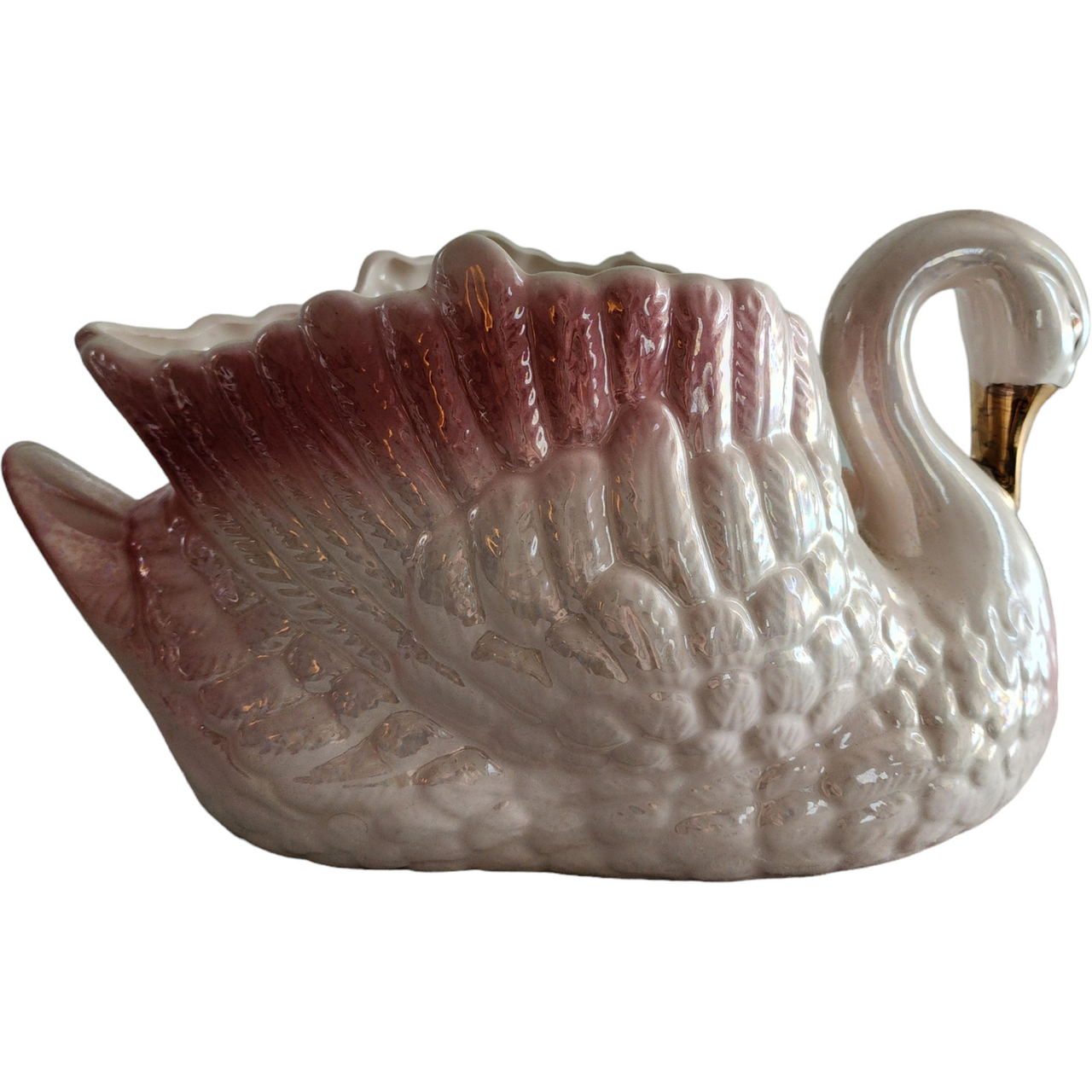 Pink Purple Gold White Lusterware Porcelain Swan Planter Vase Bowl